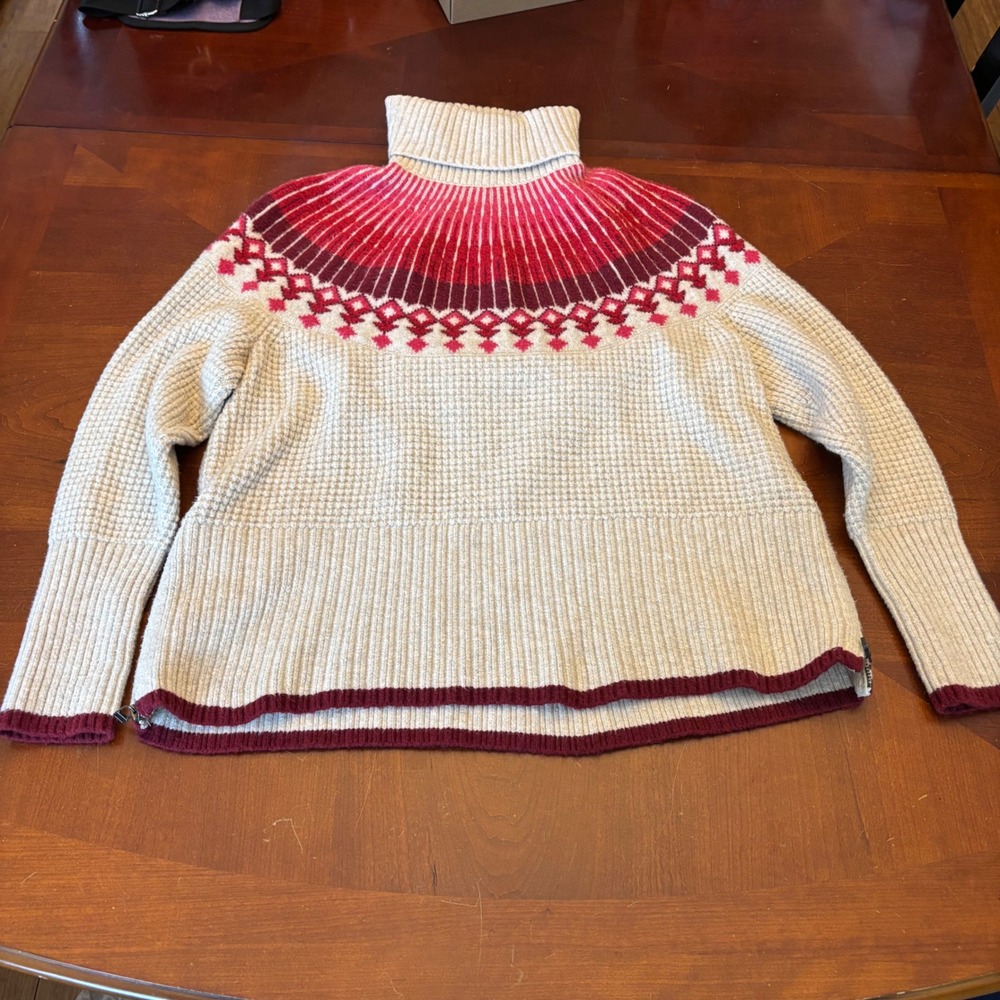 LL‎ Bean Womens Large Petite Fair Isle Turtleneck Sweater Waffle Knit Red Cream - Picture 4 of 13